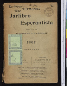 A brown opening page with the words "Jarlibro Esperantista" on the front.